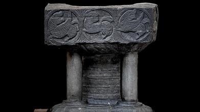 tournai font lions st michael southampton - 3d model squeakingcat cc6f88f south facing side archangel church hampshire black marble used material basis comes quarries river scheldt near belgium believed imported england henry blois bishop winchester ad 1129-1171 only 7 complete fonts have survived michael&rsquo s unique amongst them features roundels containing motifs face sequence left right winged lion symbol mark photos taken september 2019 3d print model - Mito3D
