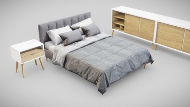 döşemeli yatak satın almak telif Bedava 3d model 3decraft modern ahşap stil başucu odası şifoniyer Ayarlamak yastık mobilya gri kumaş konfor çarşaf mimari blender3d 3d print model - Mito3D