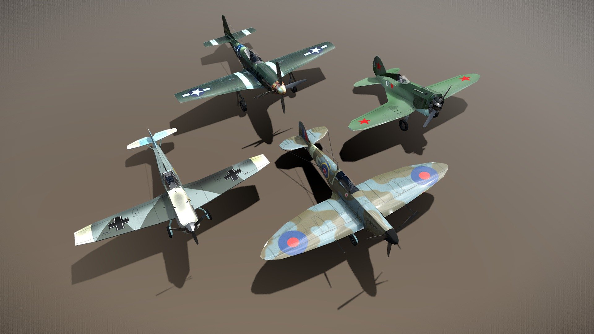 ww2 fighters spirtfire bf-109 mustang i-16 - buy royalty free 3d model netrunner pl c60e7b2 set 3 world war 2 polikarpov russian single seat fighter called donkey because its fuselage shape messerschmitt german which one most advanced planes begining supermarine spitfire best originated uk p-51d american 1940 dismissed duty 1986 3D print model - Mito3D