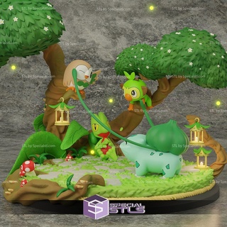 bulbasauro Treecko Rowlet Grookey 3d impressão estatueta Pokémon stl arquivos 3d print model - Mito3D