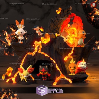 pokemon fire starters diorama 3d model 3d print model - Mito3D