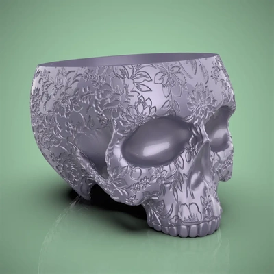 floral skull planter-bowl - 3d by chelscct chelseycreatesthings on thangs home & garden gardening landscaping plants decor bowl candy planer pot tropical leaves 3d print model - Mito3D