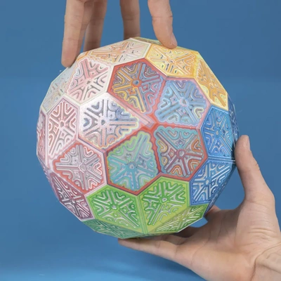 folding pentagonal hexacontahedron puzzle - 3d by on thangs games table polyhedra polyhedron shape shapes geometry math puzzles challenge snap assemble assembly sphere ball globe complex snub poly 3d print model - Mito3D