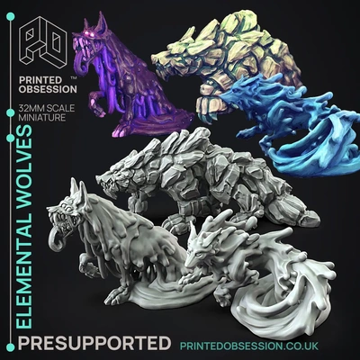 free elemental wolves collection - 3 presupported 32mm scale 3d by printedobsession on thangs wolf dnd dungeons dragons ttrpg rpg miniature mini 3d print model - Mito3D