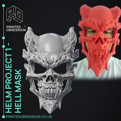 hell mask - wearable halloween 3d by printedobsession on thangs haloween masks death skull demon horn horns scary devil helm helmate anime manga fan art fanart toy model 3d print model - Mito3D