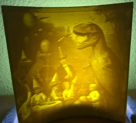 lithophane of a t-rex birthday party - 3d by briangrossmiller on thangs 3d print model - Mito3D