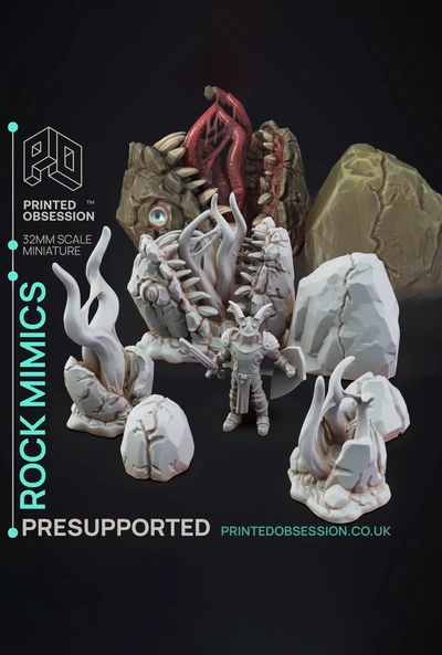 mimic rocks - 3 mimics presupported illustrated stats 32mm scale 3d by printedobsession on thangs 3d print model - Mito3D