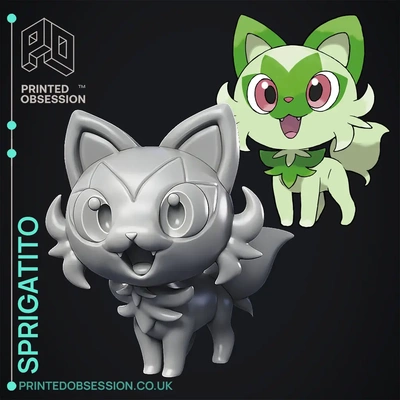 sprigatito pokémon ventilador arte 3d by obsessão impressa on raminho gato felino anime manga admirador brinquedo modelo escarlate tolet verde folha 3d print model - Mito3D