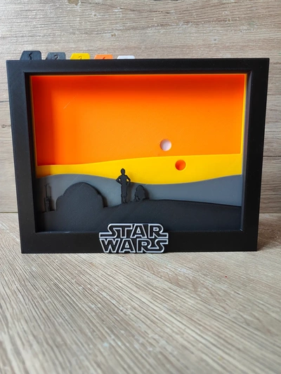 star wars tatooine shadow box a - 3d by thecraftymaker on thangs silhouette art r2d2 homestead skywalker c3po arts & entertainment movies 3d print model - Mito3D