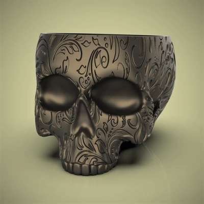 swirly leaves skull planter-bowl - 3d by chelscct chelseycreatesthings on thangs gardening plants planter candy bowl decor halloween easy print 3d print model - Mito3D