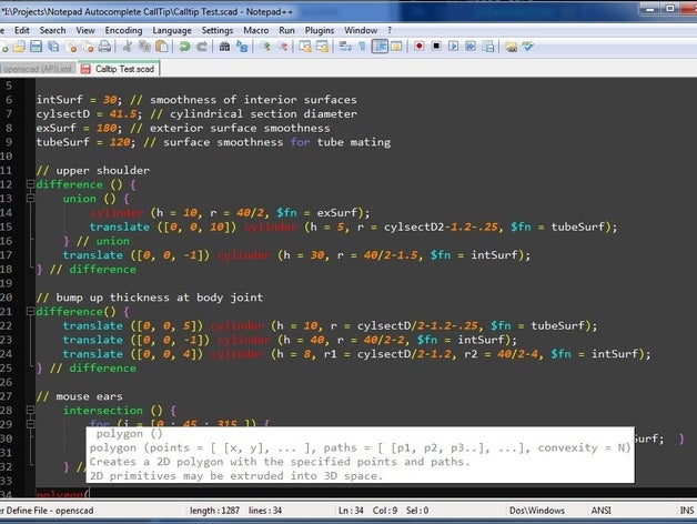 openscad notepad++ autocompletar calltips otros el bloc de notas información sobre herramientas 3D print model - Mito3D