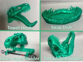 t-rex remix bathroom set dinosaur soap dish toilet paper holder toothbrush trexremix 3d print model - Mito3D