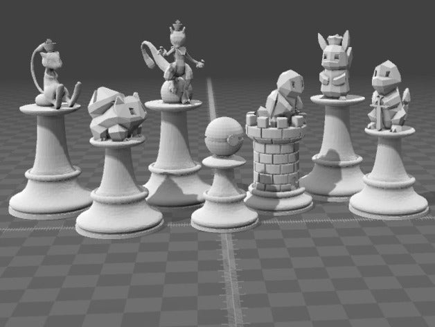 pokemon chess bishop board boardgame game bulbasaur charmander king knight pawn queen rook set dorky fun games geeky mew mewtwo nerdy nintendo pikachu pokeball pokechess squirtle things make 3D print model - Mito3D