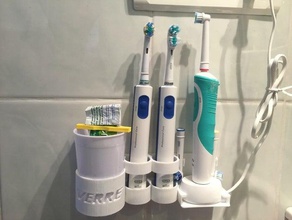 support mural pour 3 brosses &agrave dents oralb braun chargeur et gobelet wall toothbrush holder oral bathroom oral-b 3d print model - Mito3D