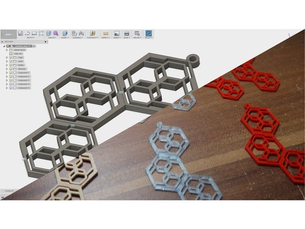 hexágono pingente, brincos jóias colorfabb fillamentum fusão 360 geométricas pingente prusa i3 mk2 woodfill 3D print model - Mito3D
