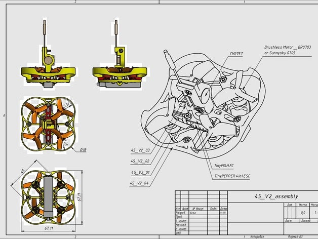 micro quad 45mm v2 r c véhicules copter drone fishpepper fpv racer quadricoptère miniquad nano 3D print model - Mito3D