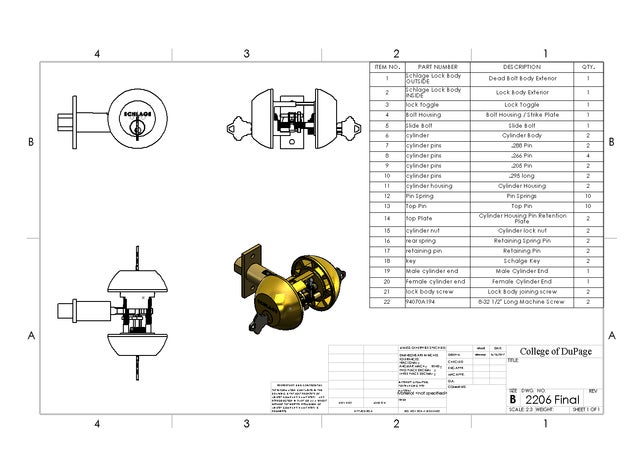 schlage lock de la ingeniería cad clase bloqueo inversa escuela solidworks 3D print model - Mito3D