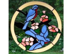 2 mavi kuşlar 2d sanat çiçekler vitray suncatcher 3d print model - Mito3D