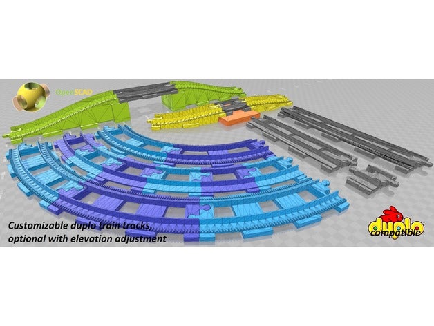 customizable lego duplo train tracks optional elevation adjustment construction toys bridge compatible curved track incline long openscad parametric ramp short straight 3D print model - Mito3D