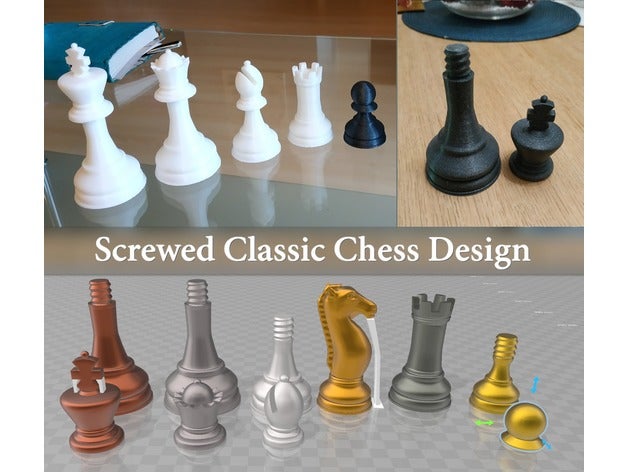 classic chess design screwed bishop king pawn piece pieces queen rook set echecs knight knob 3D print model - Mito3D