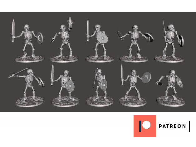 guerriers squelettes épée bouclier 10 poses games 28mm 32mm armour bones dnd fantasy figure figures horde knight miniature miniatures skull undead warhammer 3D print model - Mito3D