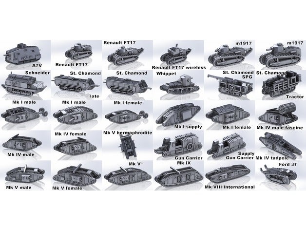 De 1 a 200 primeira guerra mundial tanques de veículos 3D print model - Mito3D