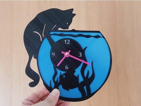 reloj pecera gato Kunst 3dlito cat Uhr Fisch pez Neuladen pared auf der Schablone Wand Wand-Uhr 3d print model - Mito3D