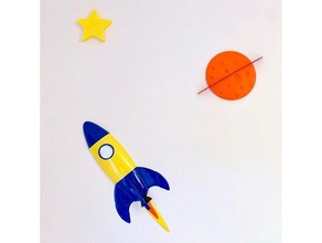 foguete de desenhos animados + planeta estrela montagem na parede decoração dos o espaço nave espacial 3d print model - Mito3D