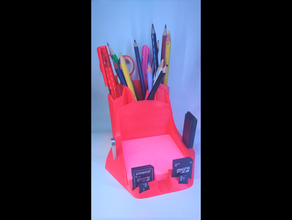 hexagonal desk organizer design hexagon micro sd card holder pen pencil postit notes red scissors sticky usb 3d print model - Mito3D