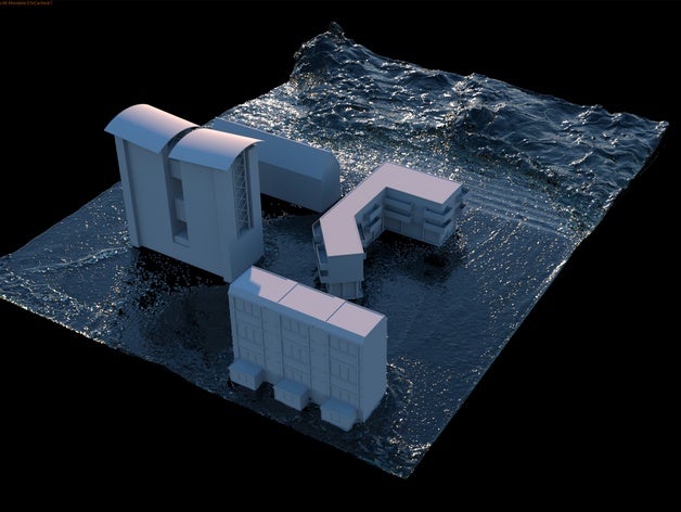 cidade de inundação cena muito alta qualidade prédio edifícios cinema4d inundações octanagem realflow a simulação estrutura água 3D print model - Mito3D