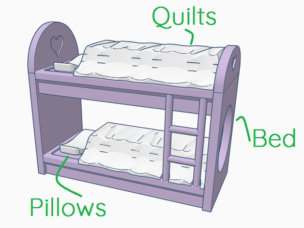 doll bunk bed tpu quilts pillows fit polly pocket etc 3D print model - Mito3D