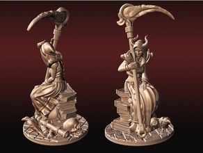Hanım büyücü heykelcik pre supported dd ölüm ejderhalar Zindanlar kız acımasız başlık kukuletalı mini minyatür npc yol bulucu orakçı heykel tırpan kafatası silah 3d print model - Mito3D