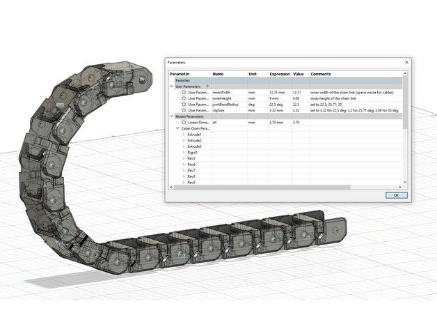 parameterized cable chain height width bend radius 3D print model - Mito3D
