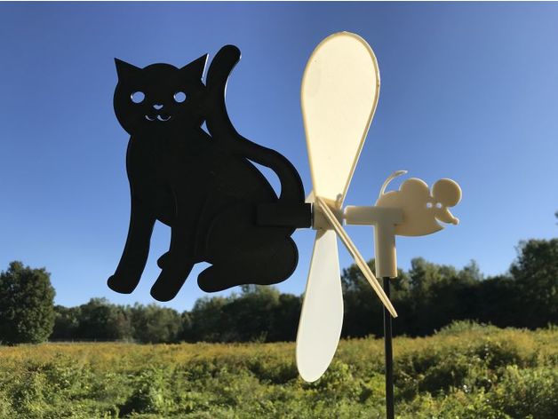 gato ratón viento hilandero juguete molinete whirlygig molino turbina 3D print model - Mito3D