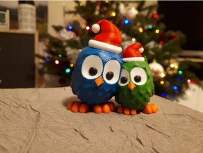 christmas cuddling owls animal decoration decorations santa cute figurine owl claus hat 3d print model - Mito3D