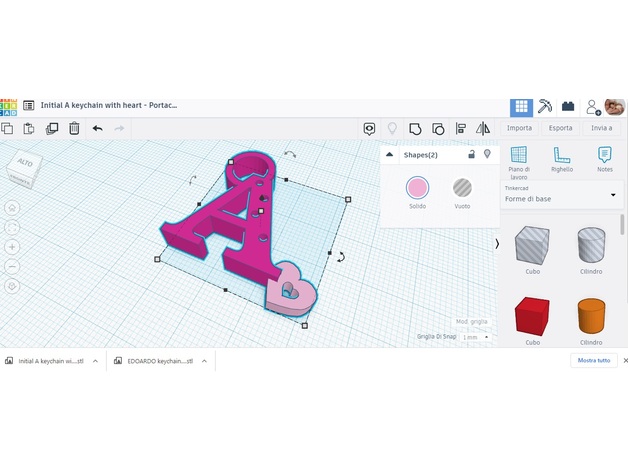 iniziale portachiavi cuore vivedo 3D print model - Mito3D