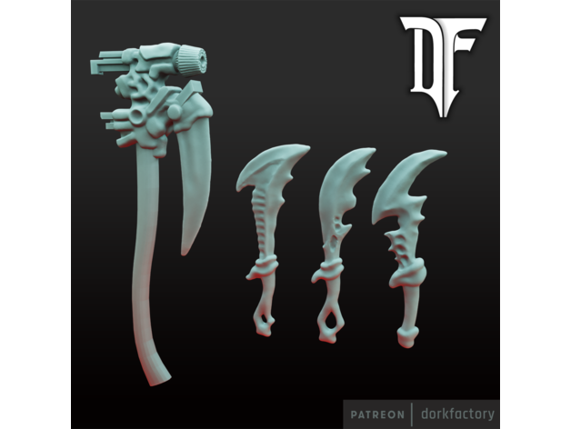 intriguing alien weapons dorkfactory 40kbits axe bits blade conversion dnd dnd5e drukhari knife slaanesh sword 3D print model - Mito3D