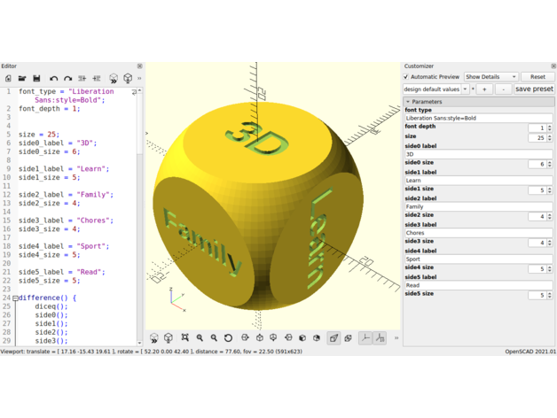 customizable parametrized dice productive included milchtuetenente 3D print model - Mito3D
