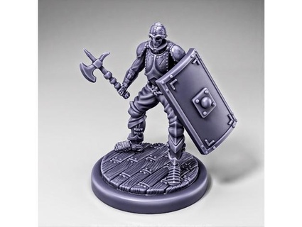 skeleton - infantry battle axe + scutum shield ready pose wooden base dungeonwardenminiatures 3d print model - Mito3D