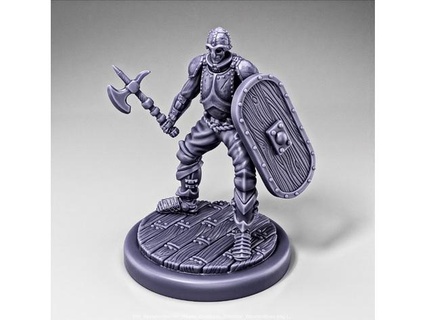 skeleton - infantry battle axe + elliptical shield ready pose wooden base dungeonwardenminiatures 3d print model - Mito3D