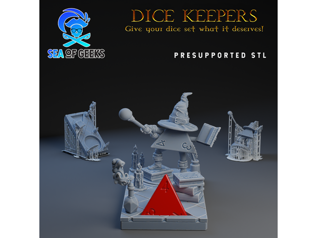 dice keepers - 14 miniature & polyhedral stand free test model by davek3 barbarian bard beholder d100 d10 d12 d20 d4 d6 d8 tray druid dungeons dragons dwarf fantasy keeper master mimic mindflayer monk paladin ranger rogue sorcerer wizard 3D print model - Mito3D
