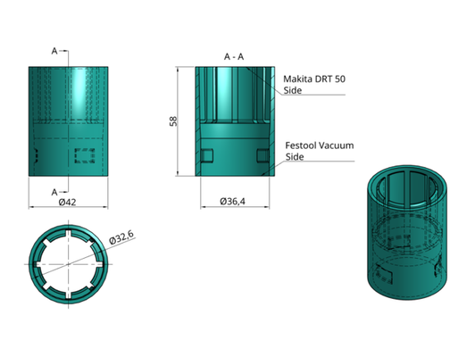 makita to festool vide adaptateur drt50 rt0700 by bombastus mains poussière fraisage machine tube atelier 3d print model - Mito3D