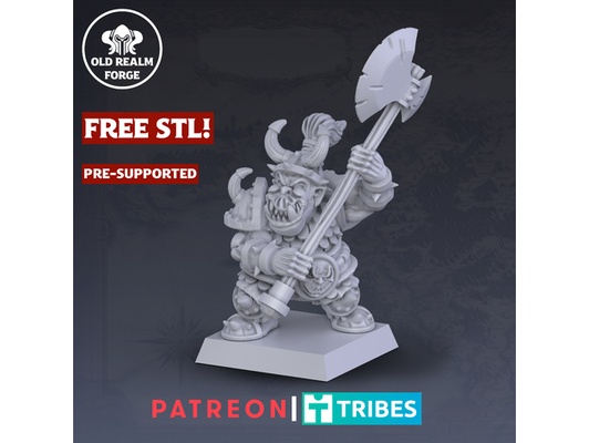 free presupported miniature - old school orc warrior great axe 3 by oldrealmforge 28mmscale ageofsigmar aos dnd fantasy miniatures 28mm mordheim orcs goblins t9a theninthage warhammer zbrush 3d print model - Mito3D