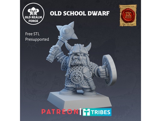 free presupported miniature - old school dwarf by oldrealmforge 28mm ageofsigmar aos chainmail dnd dungeons dragons heroquest kings of war kow middlehammer miniatures mordheim oldhammer oldschool rpg ttrpg warhammer warhammerquest zbrush 3d print model - Mito3D