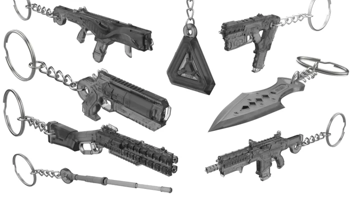 sommet porte clés paquet 8 imprimable modèles stl 3d impression modèle trio mots arme vidéo jeu pistolet tambour bâtons couteau fusil blaster légendes pompe kunai ascenseur horizon gravité corde sécurité r99 3d print model - Mito3D