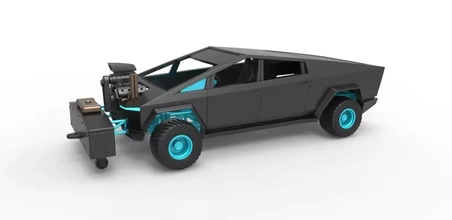 diecast Tesla cibertruck puxar caminhão 4wd escala 1 25 3d impressão modelo trio brinquedo imprimível v8 arrastar dragster cyberpunk puxando 3d print model - Mito3D