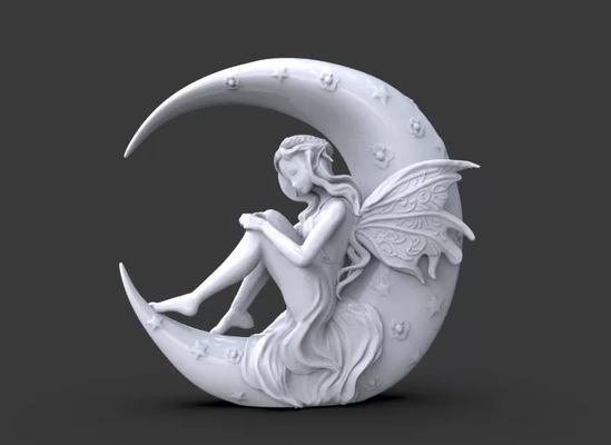 hada on luna escultura 3d impresión modelo trío etiquetas mujer estatua niña fantasía hembra alas 3d print model - Mito3D