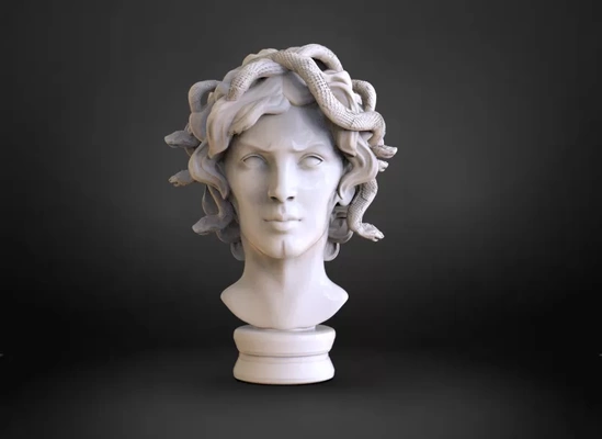 medusa busto 3d impresión modelo trío etiquetas escultura mujer estatua mal serpientes mitología 3d print model - Mito3D