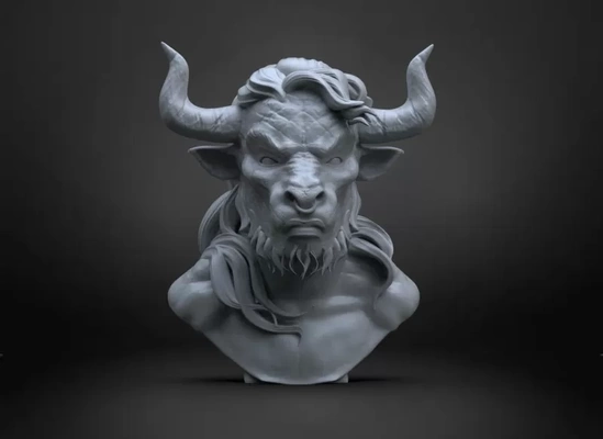 minotauro busto 3d impresión modelo trío etiquetas escultura estatua toro cuernos mitología 3d print model - Mito3D
