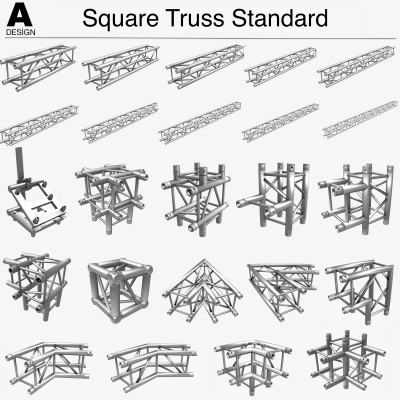 square truss standard 25 modular pieces other things 3D printing model, file, printable design, 3d print, truss, system, part, stage, stand, scaffold, studio, set, Structure, Stage, trusses, architecture, beams, building, material, Lighting, exhibition, television, scene, concert, film, video, construction, support, theatrical, par lights, broadcast, steel, metal 3D print model - Mito3D